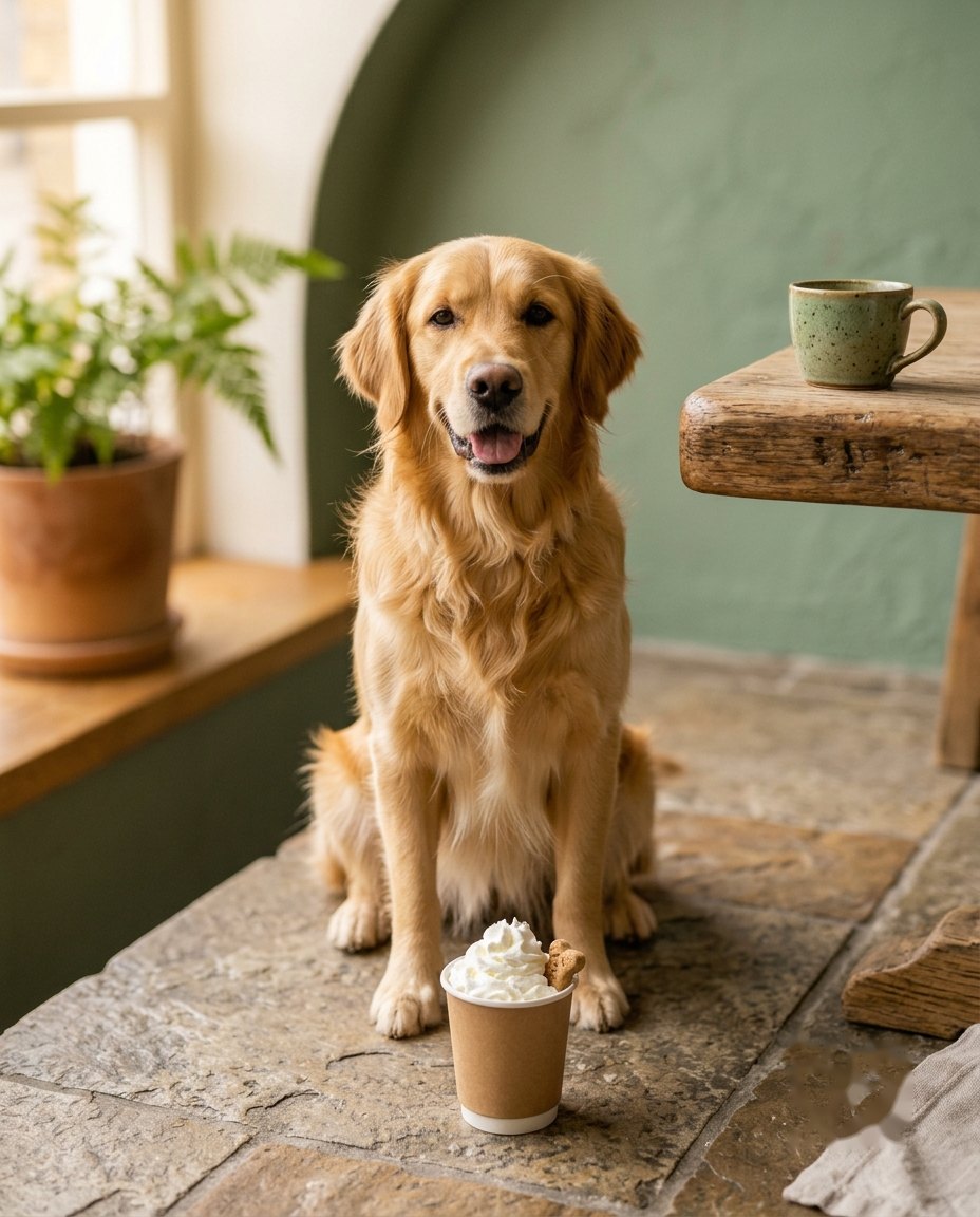 A golden retriever sitting on the patio floor in front of a Pup Cup