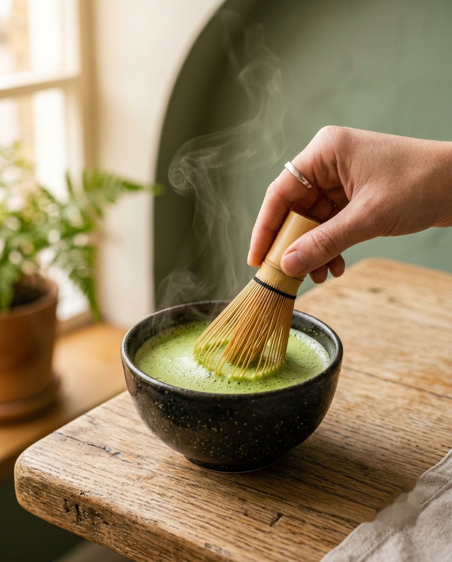 Matcha being whisked in a dark ceramic bowl